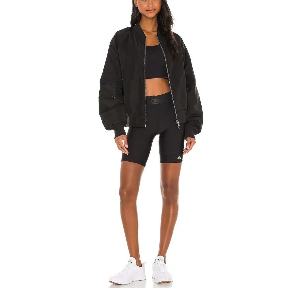 Alo Yoga It Girl Bomber Jacket Black Size Medium EUC Oversize Blade Collar - Picture 12 of 16